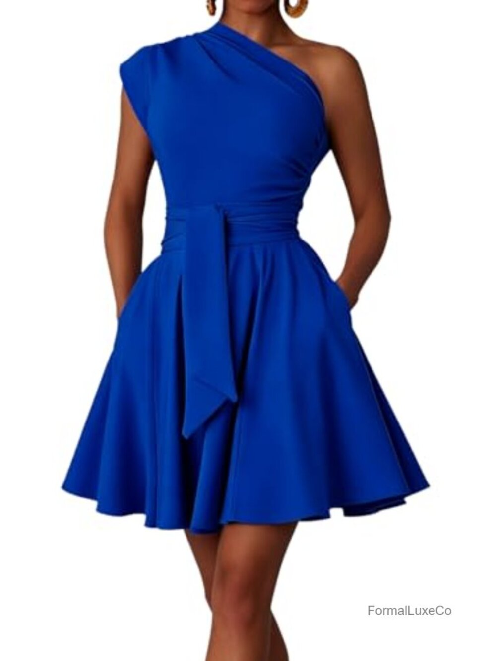 One Shoulder Mini Dress Draped Tie Waist A-Line Cocktail Party Dress